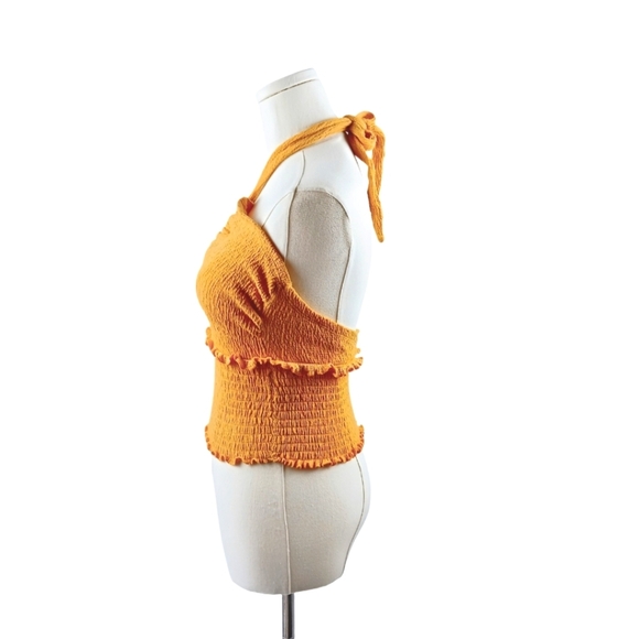 C&A Mustard Yellow Smocked Halter Crop Top With Ruffle Trim Size G (M/L) - Picture 2 of 7